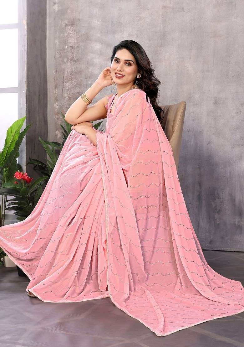 Peach Embroidered Blended Saree Set - Indya