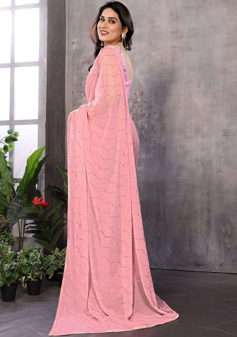 Peach Embroidered Blended Saree Set - Indya