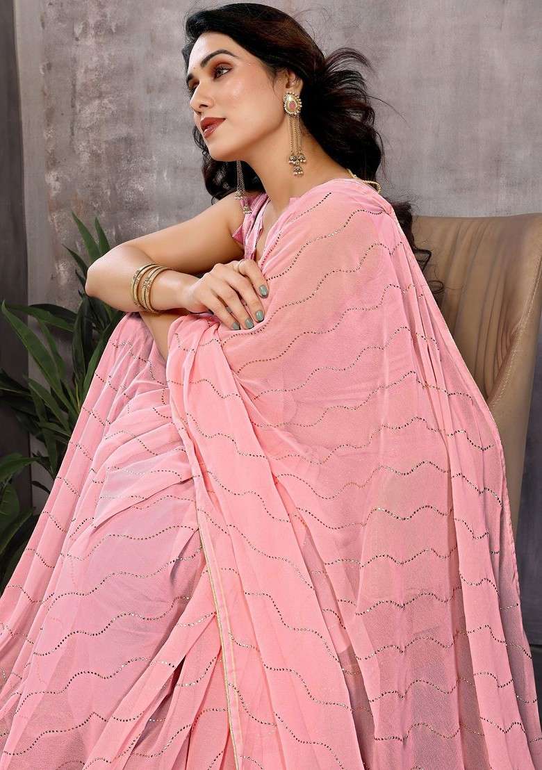Peach Embroidered Blended Saree Set - Indya