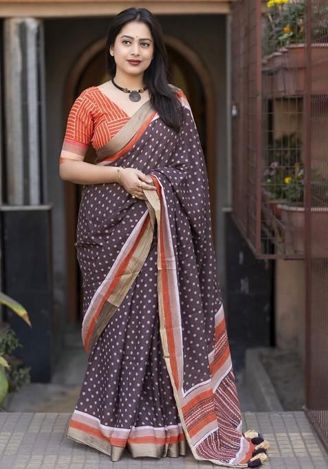 Coffee Brown Printed Blended Saree Set — view on Indya