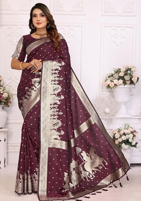 Burgundy Embroidered Blended Saree Set