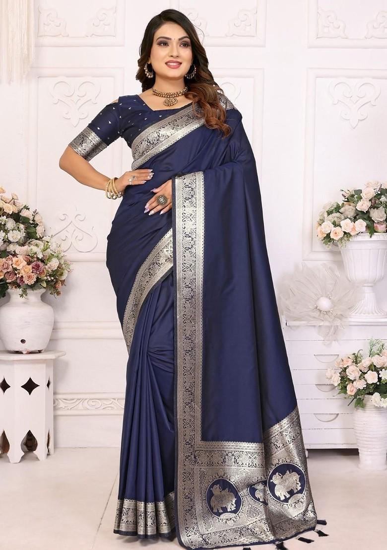 Navy Blue Embroidered Blended Saree Set