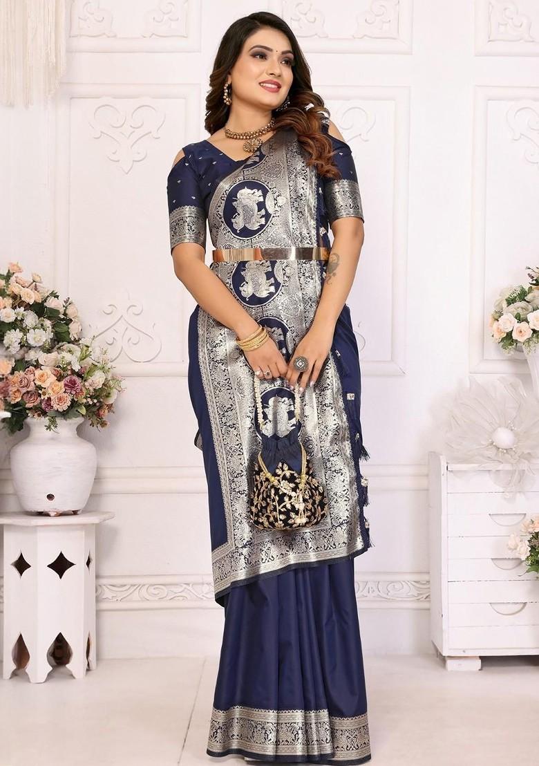 Navy Blue Embroidered Blended Saree Set
