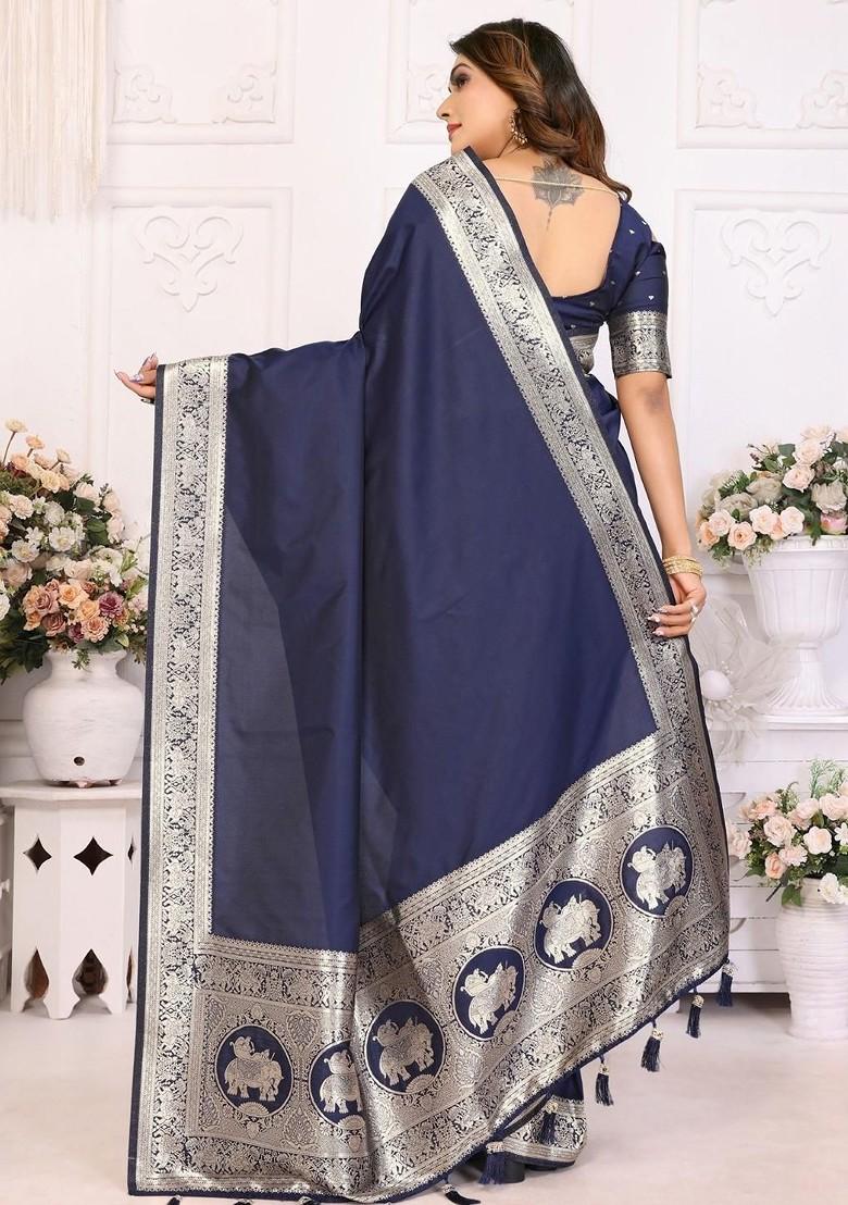 Navy Blue Embroidered Blended Saree Set