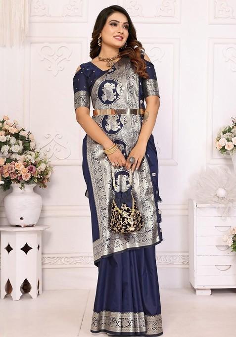 Navy Blue Embroidered Blended Saree Set