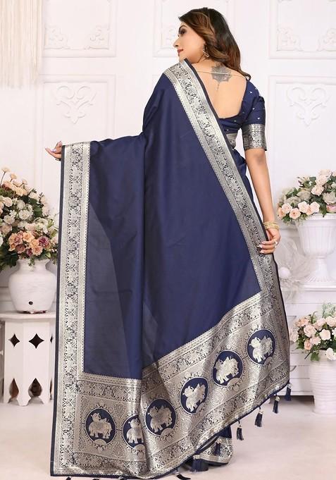 Navy Blue Embroidered Blended Saree Set