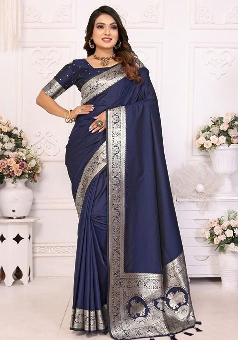 Navy Blue Embroidered Blended Saree Set