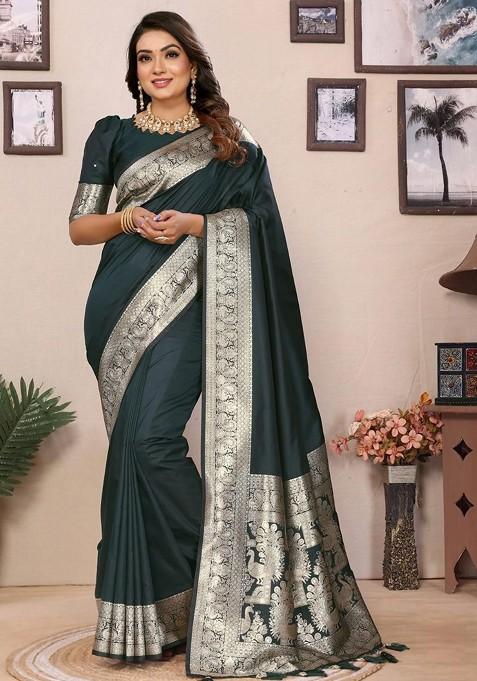 Green Embroidered Blended Saree Set