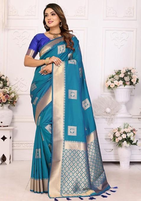 Blue Embroidered Blended Saree Set