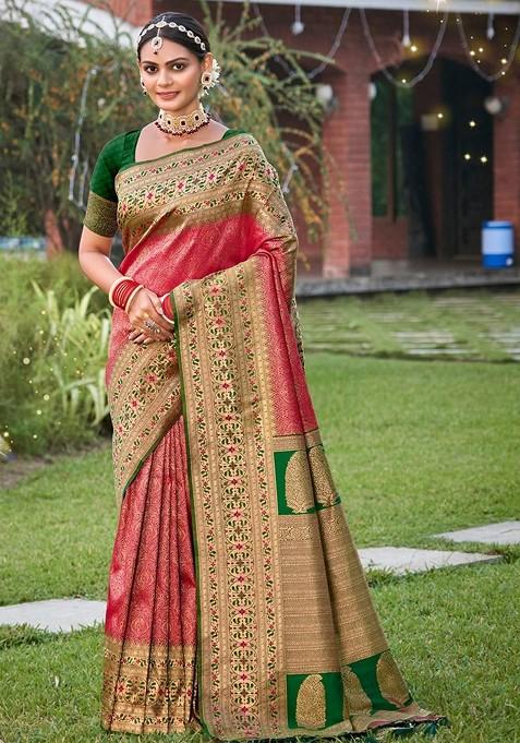 Pink Jacquard Blended Saree Set — view on Indya