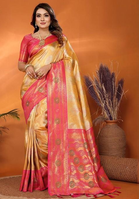 Yellow Embroidered Blended Saree Set