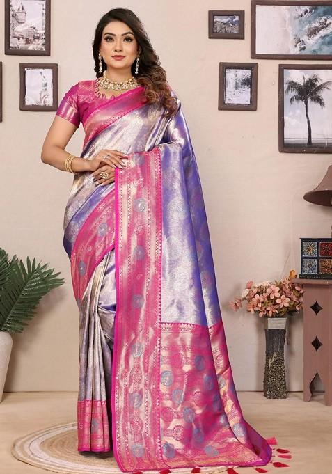 Lavender Embroidered Blended Saree Set — view on Indya