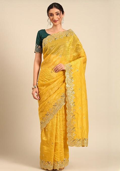 Yellow Embellished Blended Saree Set — view on Indya