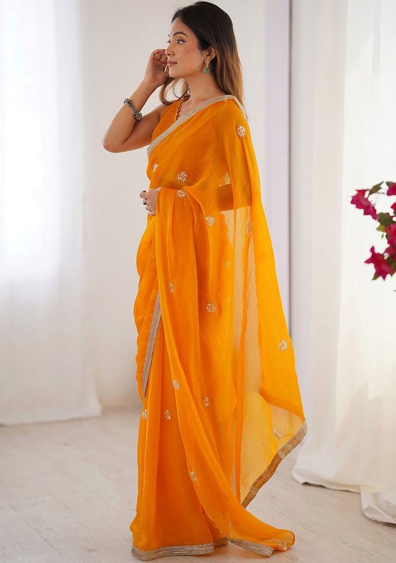 Orange Embroidered Blended Saree Set