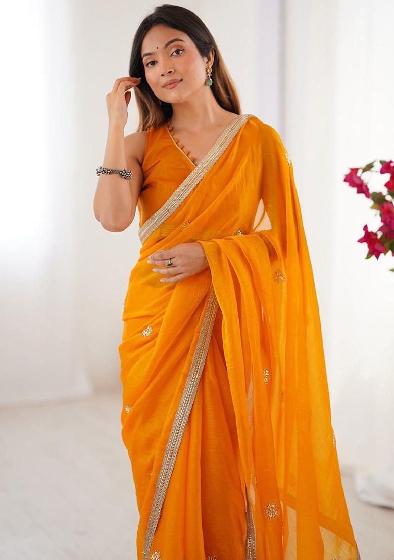 Orange Embroidered Blended Saree Set