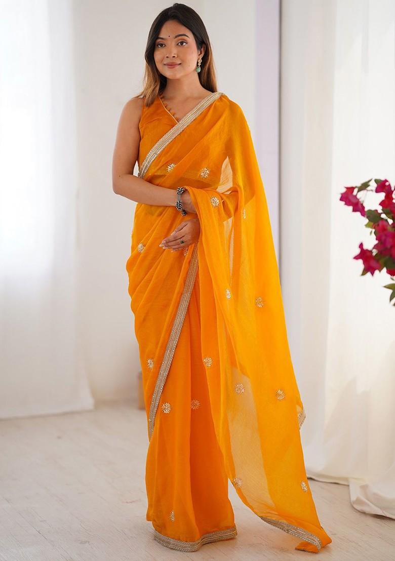 Orange Embroidered Blended Saree Set