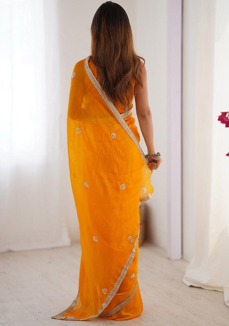 Orange Embroidered Blended Saree Set