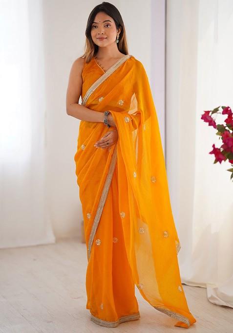 Orange Embroidered Blended Saree Set