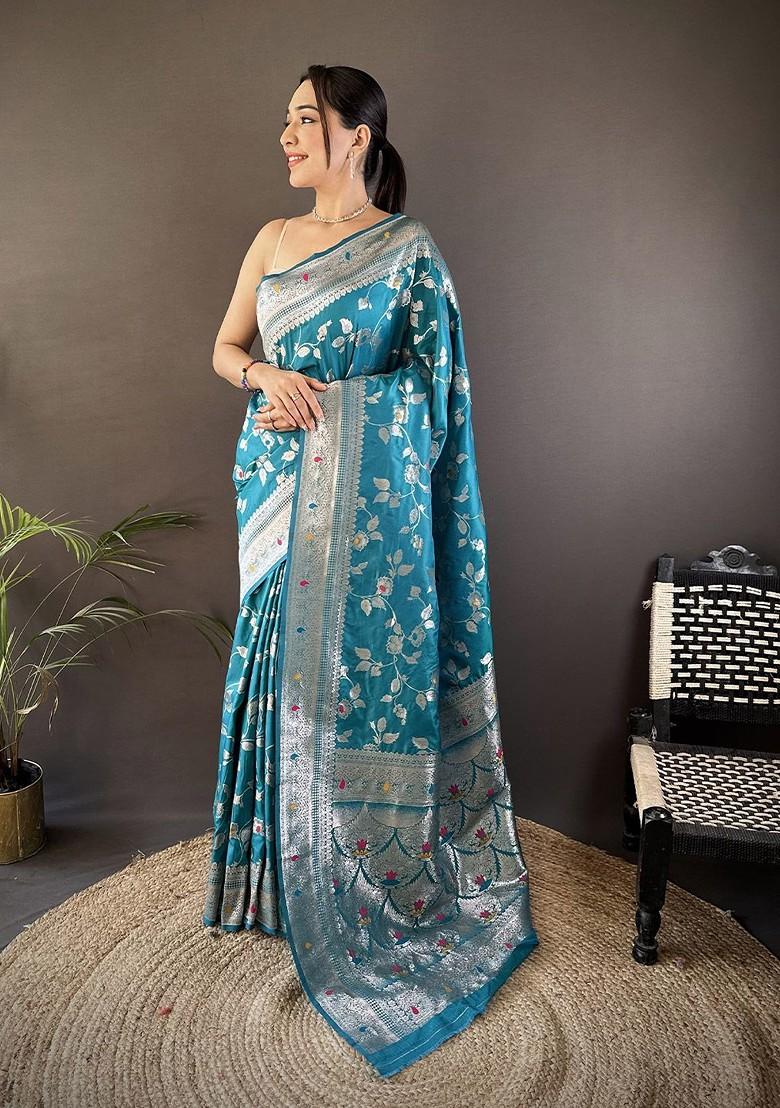 Teal Jacquard Blended Saree Set