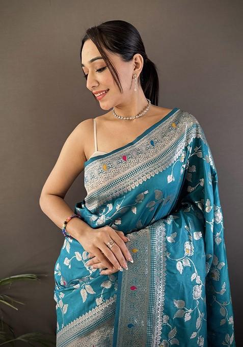 Teal Jacquard Blended Saree Set