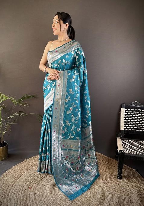Teal Jacquard Blended Saree Set