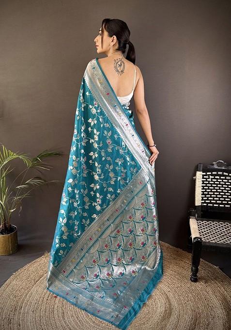 Teal Jacquard Blended Saree Set