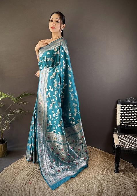 Teal Jacquard Blended Saree Set