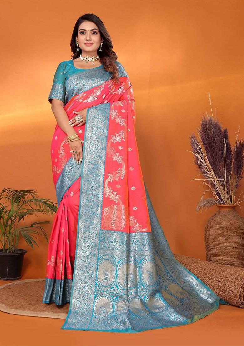 Peach Embroidered Blended Saree Set