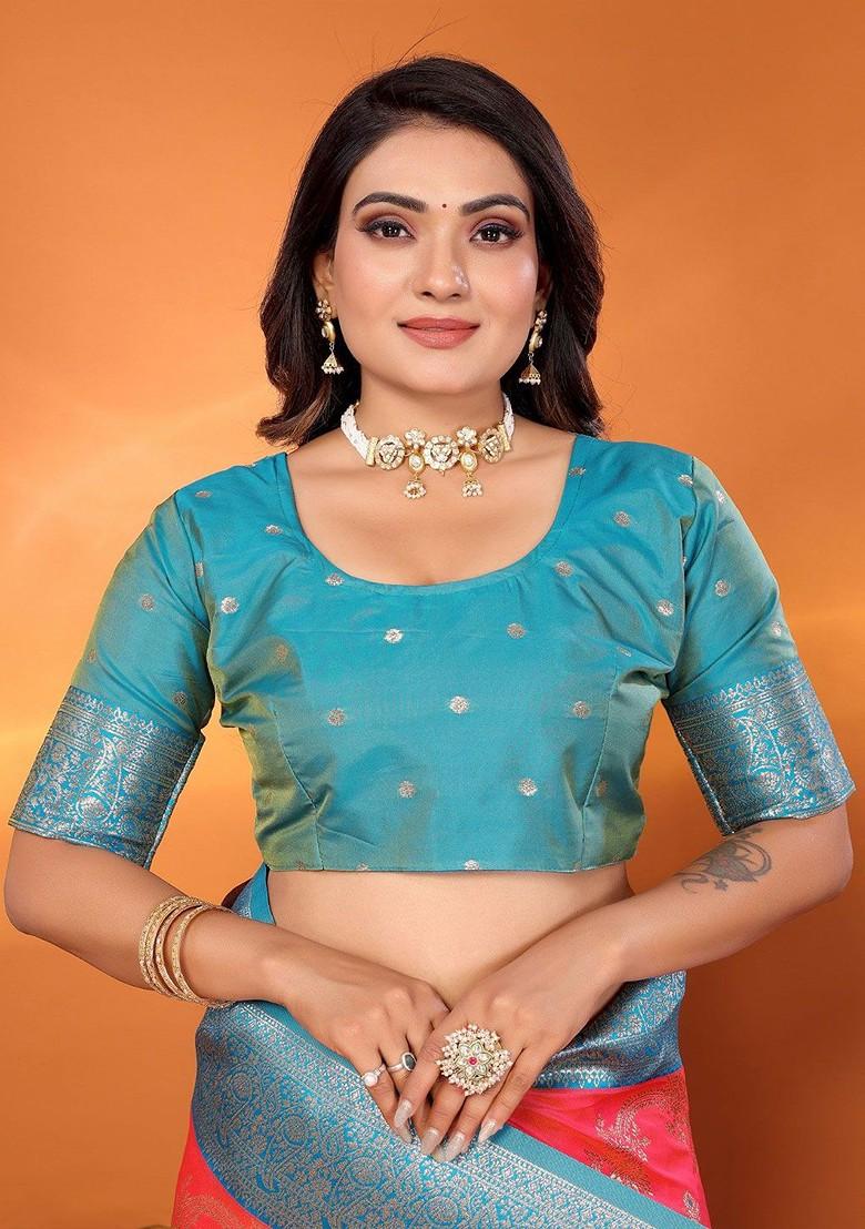 Peach Embroidered Blended Saree Set