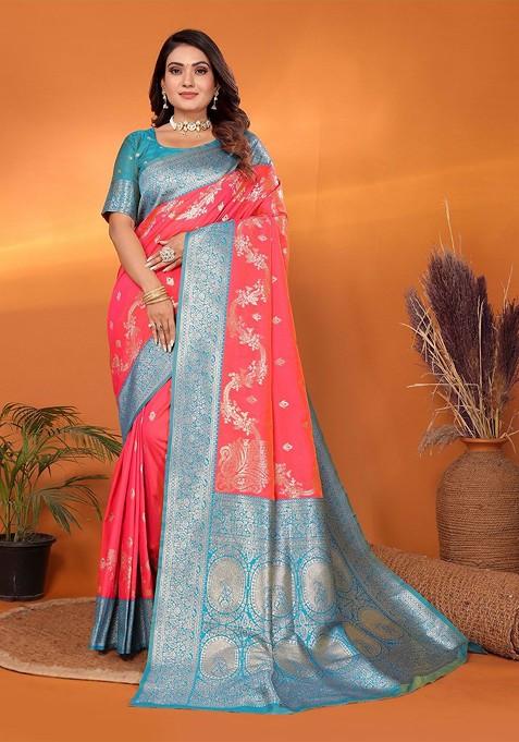 Peach Embroidered Blended Saree Set