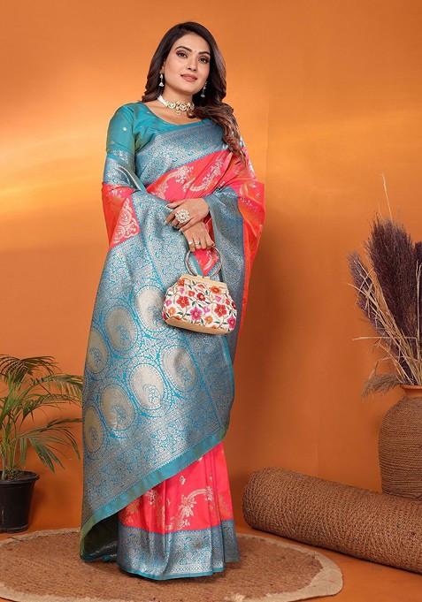 Peach Embroidered Blended Saree Set