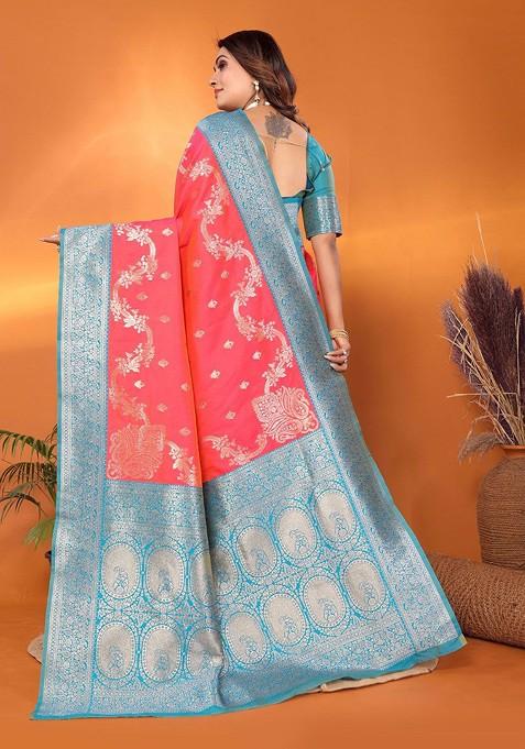 Peach Embroidered Blended Saree Set