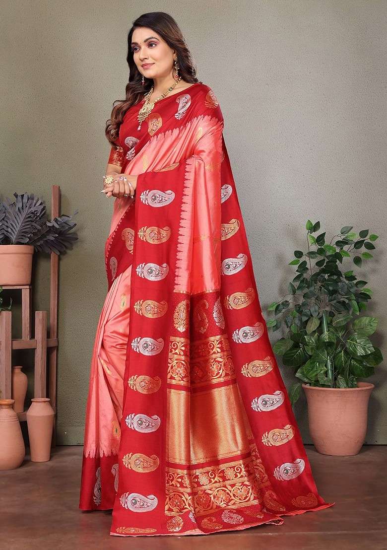 Peach Embroidered Blended Saree Set for Diwali and Festive Wear - Indya