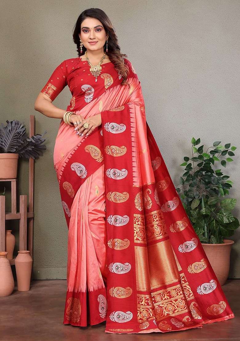 Peach Embroidered Blended Saree Set for Diwali and Festive Wear - Indya