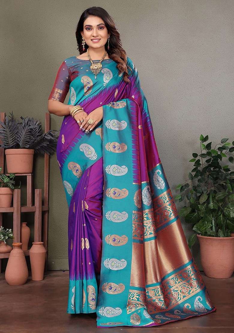 Purple Embroidered Blended Saree Set for Diwali and Festive Wear - Indya