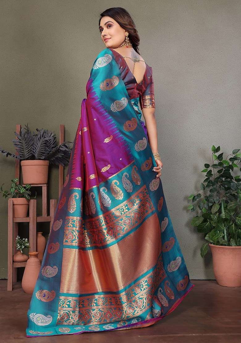 Purple Embroidered Blended Saree Set for Diwali and Festive Wear - Indya