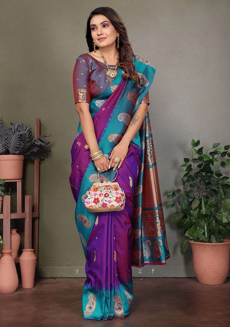 Purple Embroidered Blended Saree Set for Diwali and Festive Wear - Indya