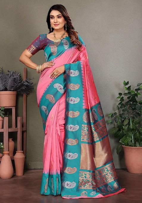 Pink Embroidered Blended Saree Set