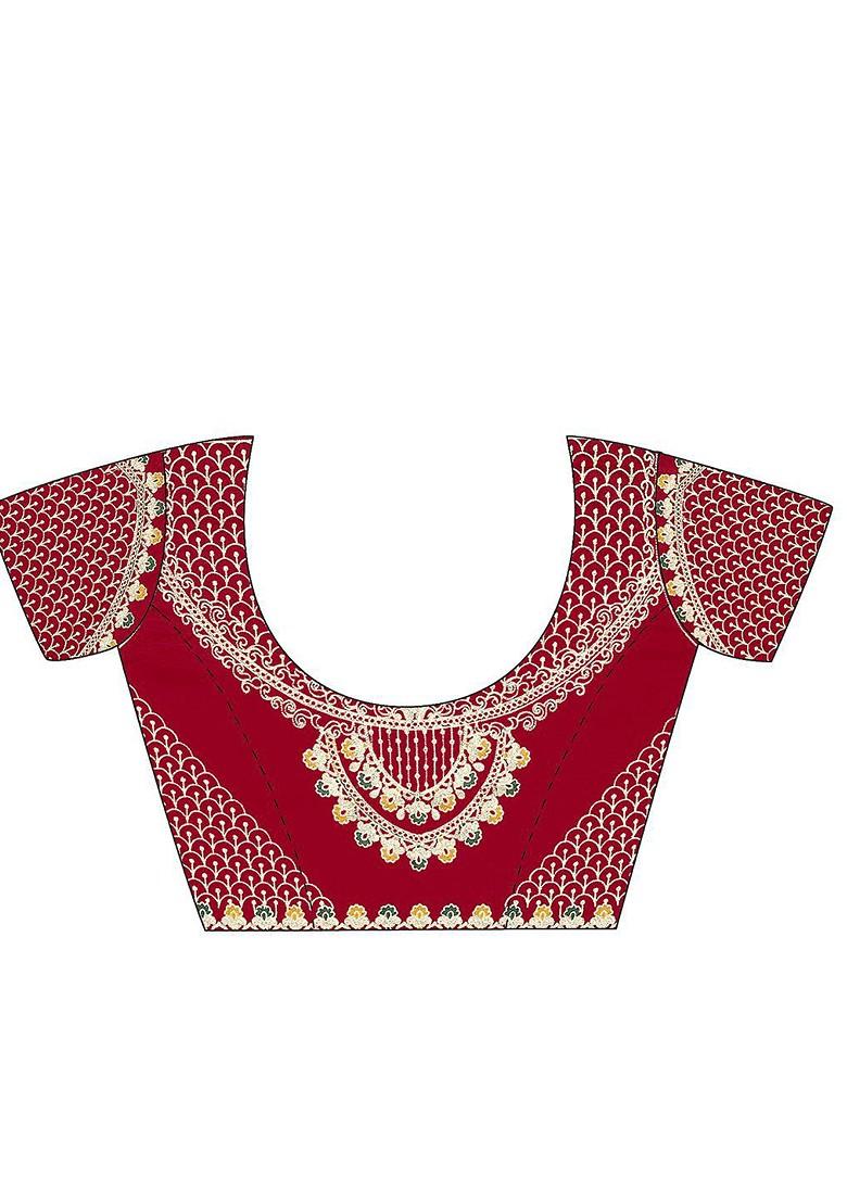 Red Printed Blended Saree Set