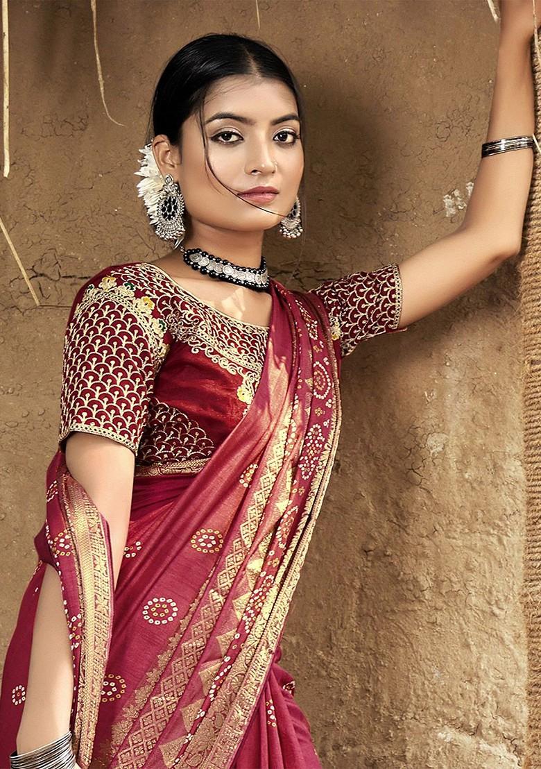 Red Printed Blended Saree Set