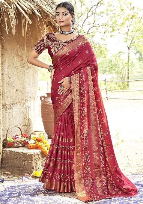 Red Printed Blended Saree Set