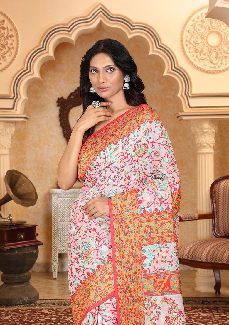 Off White Embroidered Blended Saree Set