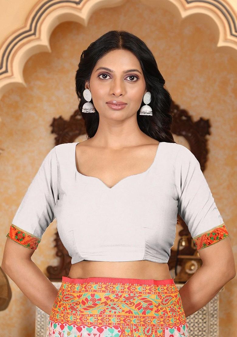 Off White Embroidered Blended Saree Set