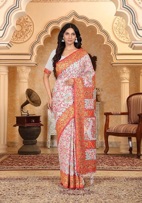Off White Embroidered Blended Saree Set