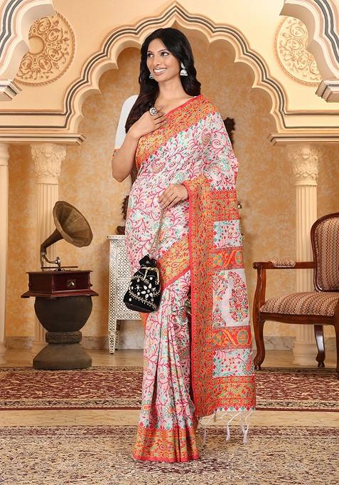 Off White Embroidered Blended Saree Set