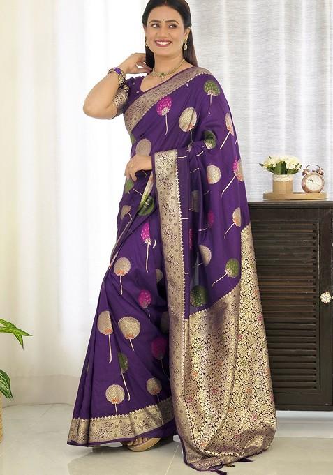 Violet Embroidered Blended Saree Set — view on Indya