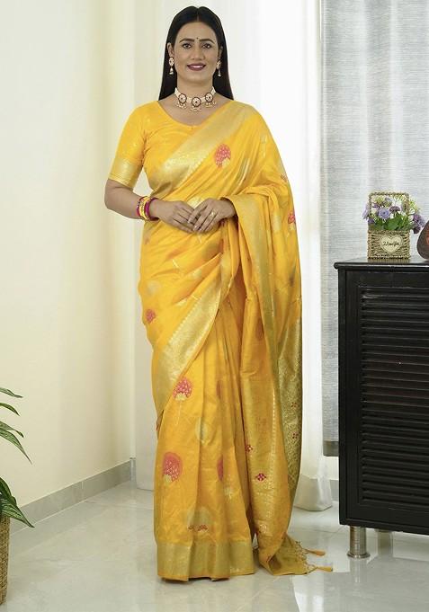 Yellow Embroidered Blended Saree Set