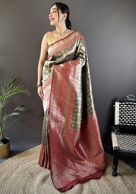 Grey Embroidered Blended Saree Set — view on Indya