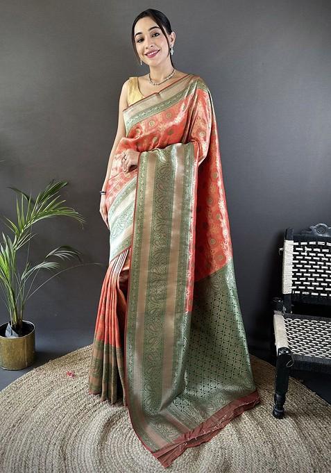 Orange Embroidered Blended Saree Set