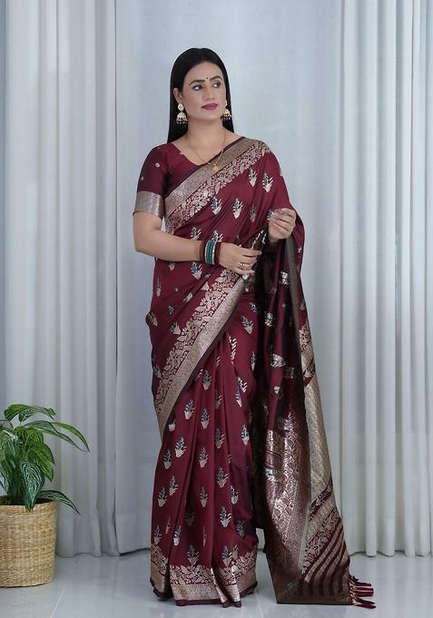 Maroon Embroidered Blended Saree Set — view on Indya